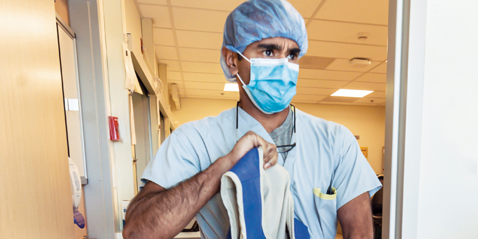 A doctor readies himself for action at BC Children's Hospital