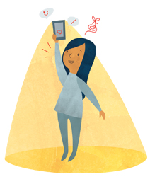 Cartoon girl holding up smartphone with light